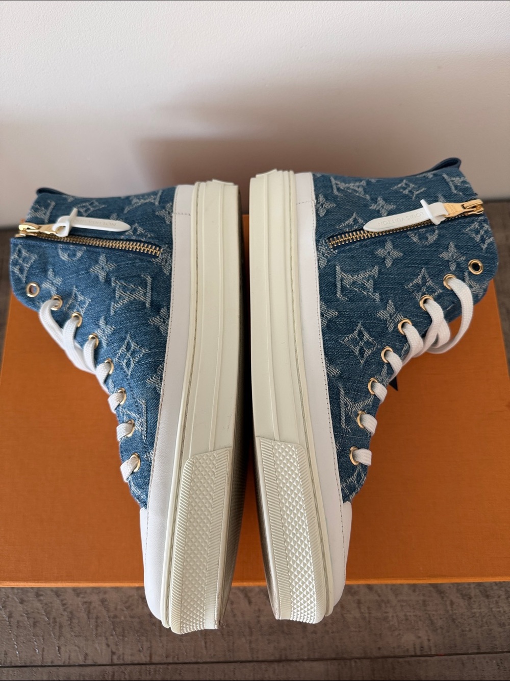 Louis Vuitton Blue Denim Monogram High-Top Sneakers - Picture 6 of 14